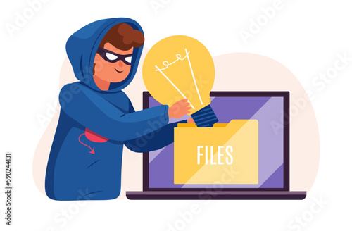 Idea theft, plagiarism, man in mask stealing light bulb idea from another owner. Hacker works on laptop. Anonymous criminal, intellectual property. Cartoon flat isolated vector concept