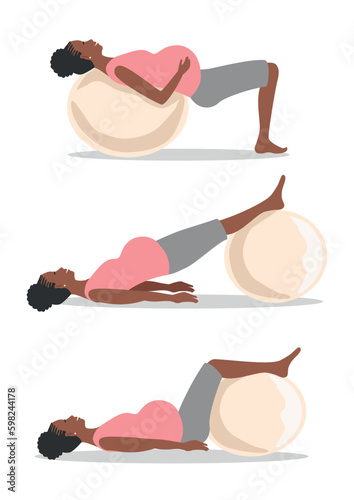 A beautiful pregnant woman is doing exercises with a fitball. Sports during pregnancy. Set of vector illustrations.