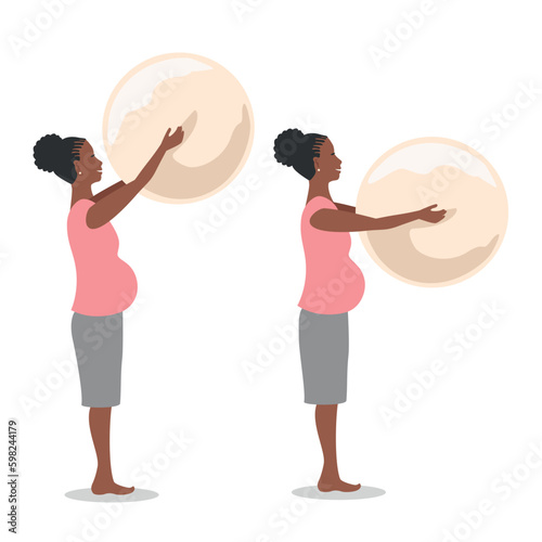 A beautiful pregnant woman is doing exercises with a fitball. Sports during pregnancy. Set of vector illustrations.