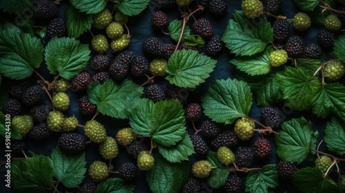 mulberry and leaves on a dark background. food background. Generative AI Generative AI photo