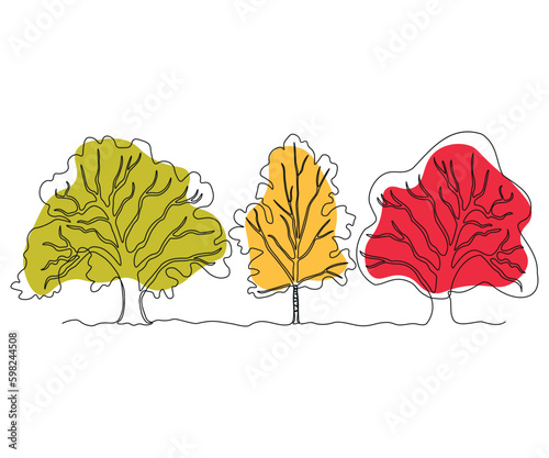 abstract sprawling branching three trees in a row, a forest of oak and birch in autumn Continuous One Line Drawing