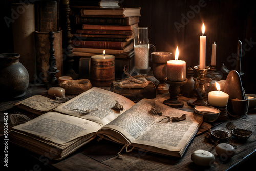 Astrologist old desk with divination and hermetic ritual objects. Occult, esoteric, metaphysics concept. Created with Generative AI technology.