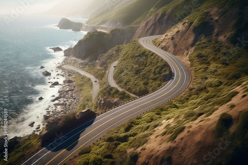 Curvy road by a cliff digitally painted to resemble a scenic drive. Generative AI