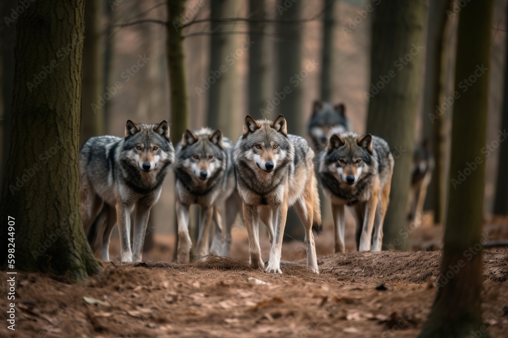 Fototapeta A pack of wolves in a fores