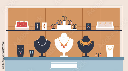 Jewelry shop showcase. Modern glamor accessories behind glass, precious models presentation, necklaces and earrings, rings on stands, cartoon flat isolated illustration nowaday vector concept