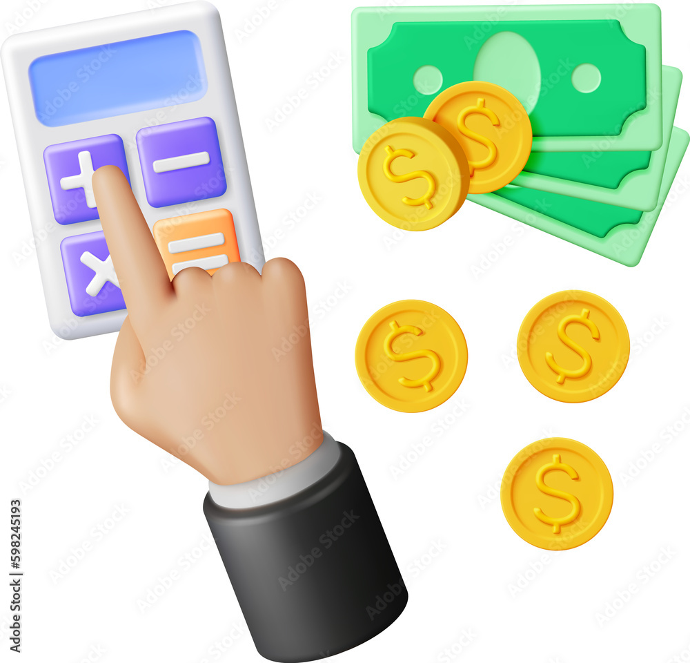 3D Hand with Calculator and Cash Money 3D Hand with Calculator and Cash Money