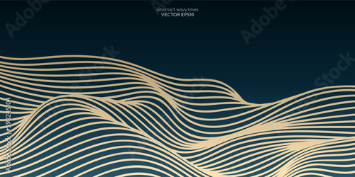 Vector abstract line art wavy smooth flowing dynamic gold gradient isolated dark teal blue background in concept luxury, wave, ocean, mountain