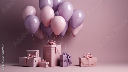A romantic illustration of message for Valentine's Day. Big hearth blush pink and purple balloons, abstract love creations. Blurry background, template, Bokeh, Generative AI