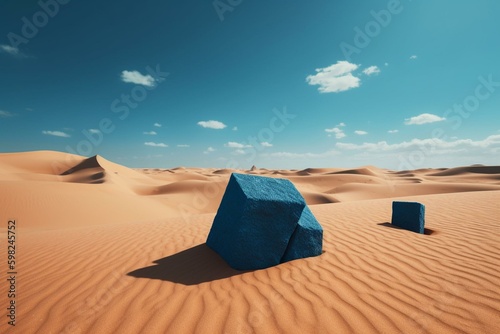 3D shapes in desert with blue sky. Generative AI