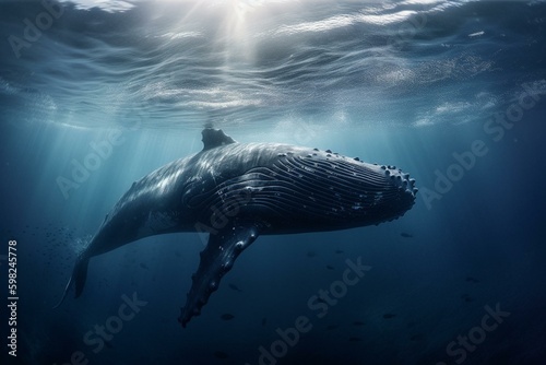 Art depicting a massive whale and underwater ecosystem. Generative AI