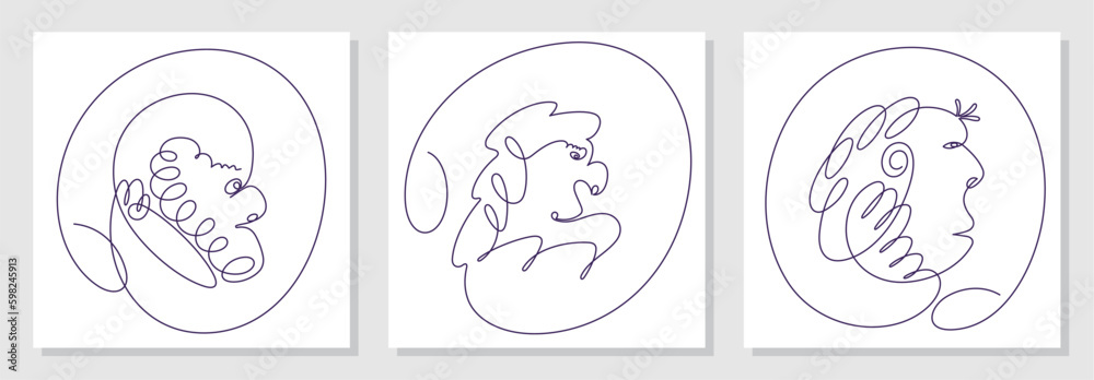 Trendy abstract faces set. Funny caricatures. Side view in profile. Contemporary minimal lineart vector illustrations Trendy abstract faces set. Funny caricatures. Side view in profile. Contemporary minimal lineart vector illustrations