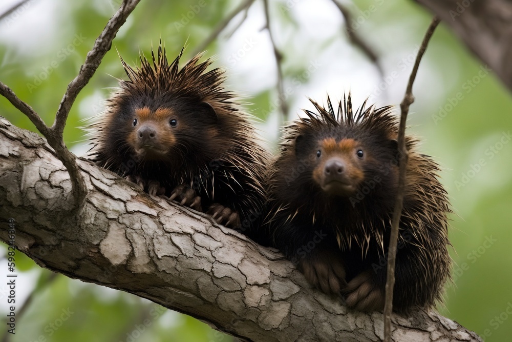 A pair of porcupines in a tre - obrazy, fototapety, plakaty 