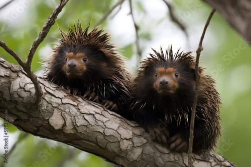 A pair of porcupines in a tre