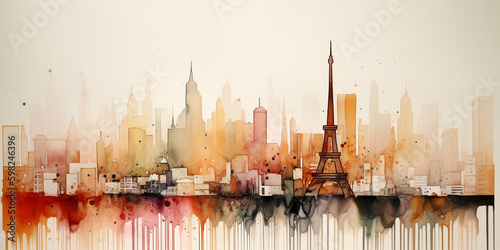 Zeichnung der Stadt Paris mit Wassermalfarben  ai generativ 