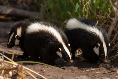 A pair of skunks foraging for foo