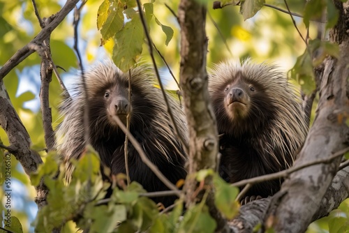 A pair of porcupines in a tre photo