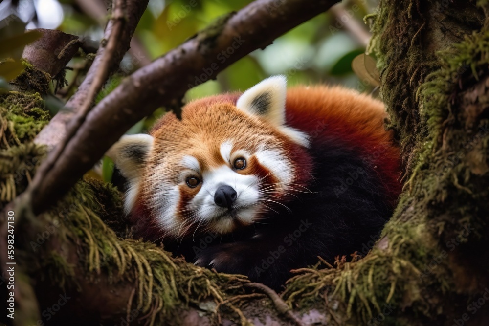 Fototapeta premium A red panda curled up in a tre