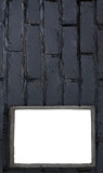 Mock up blank poster picture frame on blue brick wall.