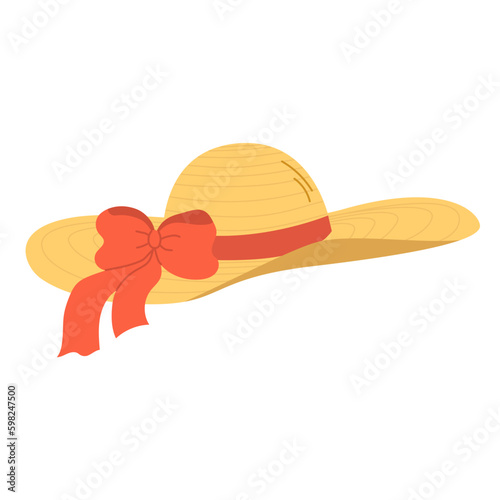 Isolated yellow straw hat with red bow and brim on white background in flat style. Summer recreation