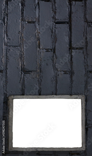 Mock up blank poster picture frame on blue brick wall.