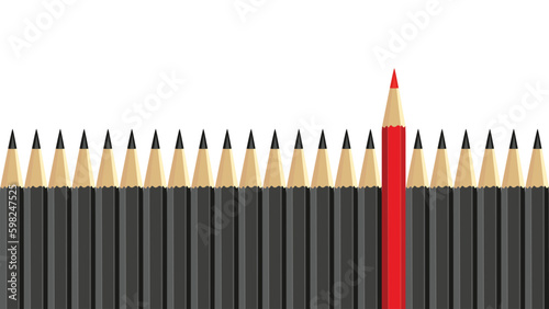 Red pencil standing out from crowd of plenty identical black fellows on white background. Leadership, uniqueness, independence, initiative, strategy, dissent, think different, business success concept