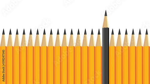 black pencil standing out from crowd of plenty identical yellow fellows on white background. Leadership, uniqueness, independence, initiative, strategy, think different, business success concept