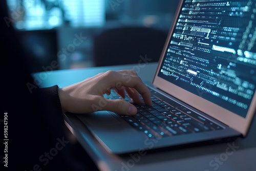 Software development concept. Coding programmer, software engineer working on laptop with javascript computer code on virtual screen, internet of things IoT, digital technology, Generative AI