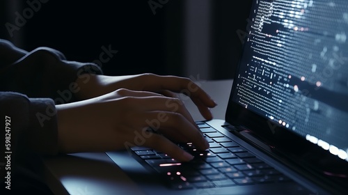 Obraz na płótnie Software development concept. Coding programmer, software engineer working on laptop with javascript computer code on virtual screen, internet of things IoT, digital technology