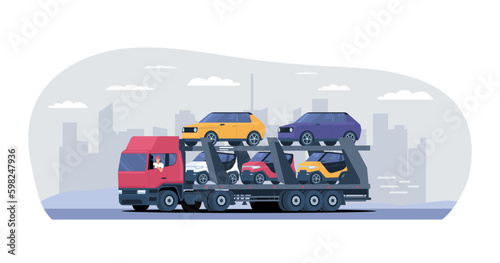 Car carrier loaded with various cars drive against the background of an abstract cityscape. Vector illustration.