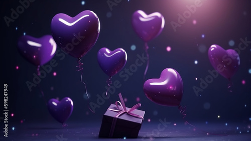 A romantic illustration of message for Valentine's Day. Big hearth purple balloons above the box full of hearts, abstract love creations. Blurry background, template, Bokeh, Generative AI