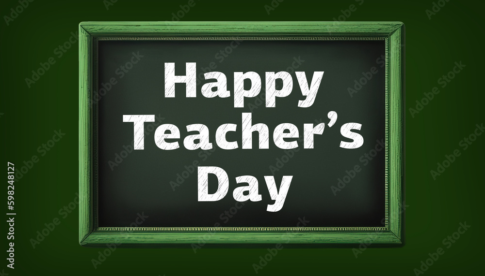 A green chalkboard with the words happy teachers day written in white on it. 