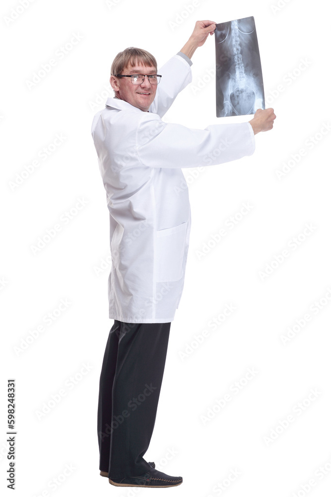 doctor looking at an x-ray. isolated on a white background. doctor looking at an x-ray. isolated on a white background.
