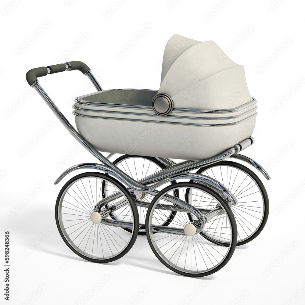 Vintage baby stroller isolated on white background. 3D illustration