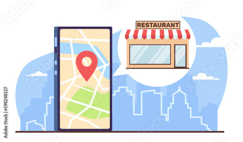 Phone navigation app to find good restaurant. Gprs application, huge smartphone with city map on device screen, cafe building, online navigator cartoon flat style isolated vector concept