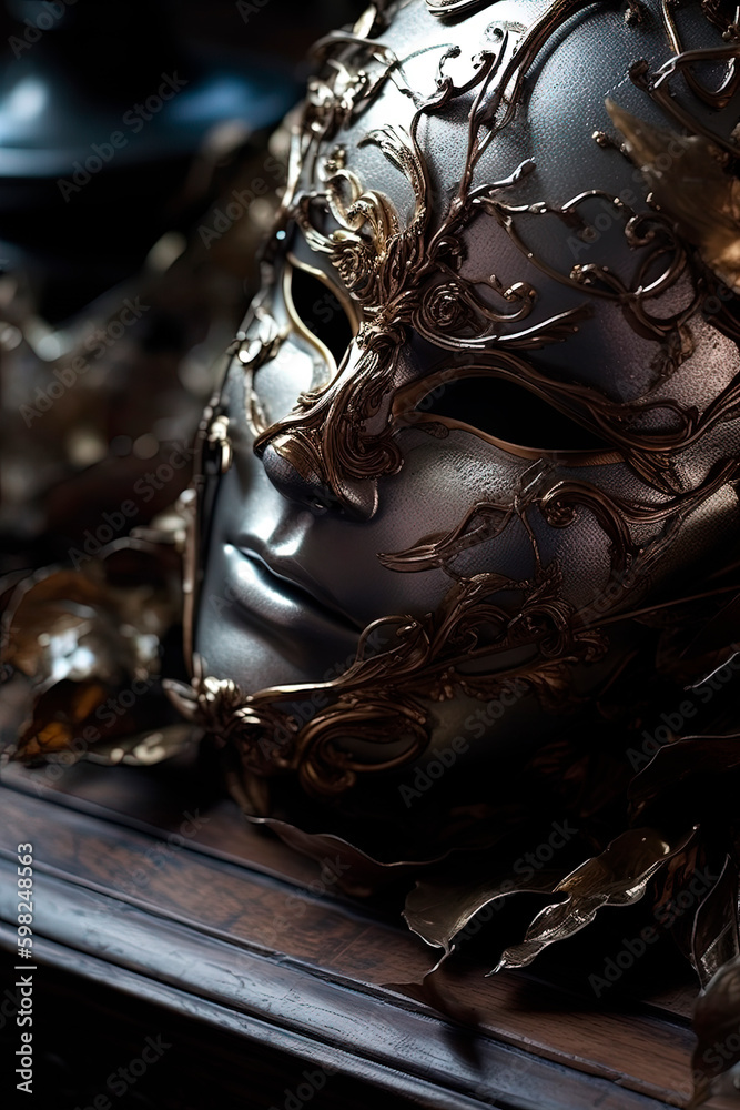 A close up of a venetian mask on a table. Masquerade. Generative AI