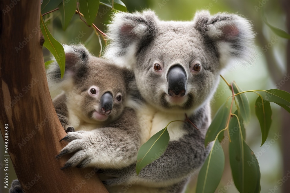 Naklejka premium Mother and baby koalas in a tre