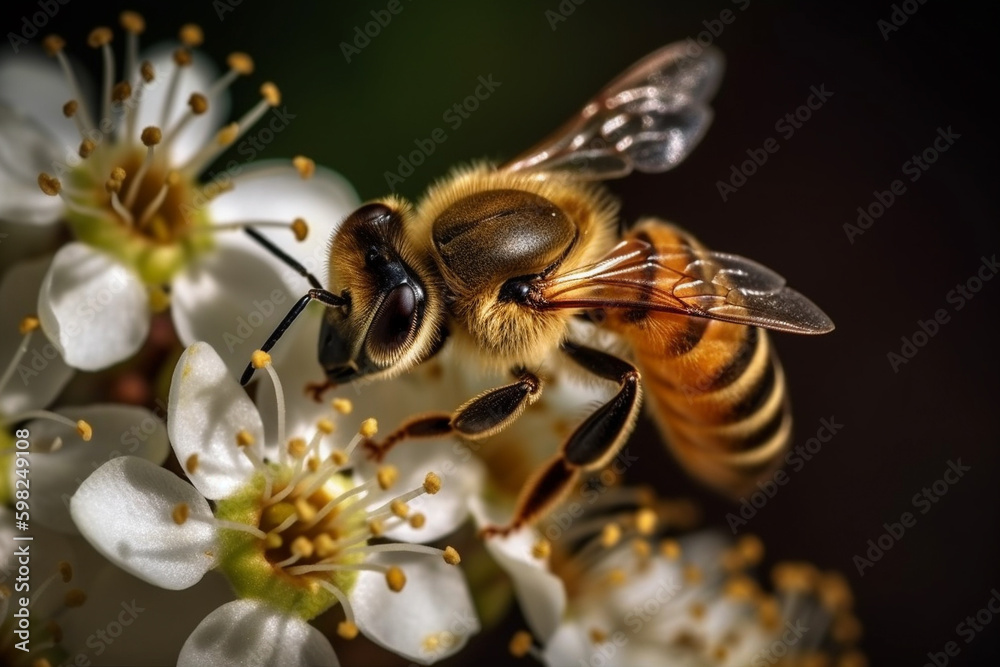 Close-up view of a honeybee collecting nectar from a colorful flower in a garden. Ai generated. Close-up view of a honeybee collecting nectar from a colorful flower in a garden. Ai generated.