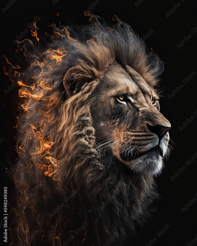 Naklejka premium Generated photorealistic portrait of a lion with a mane in flames 