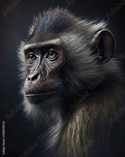 Generated photorealistic image of a pensive monkey with yellow eyes