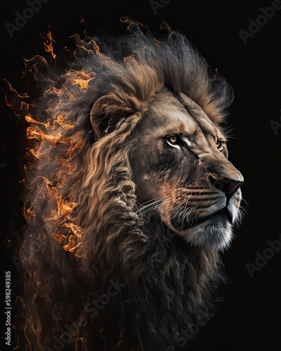 Generated photorealistic portrait of a lion with a mane in flames 