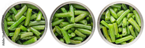 Foto Flat lay view at opened tin cans with green beans isolated on transparent backgr
