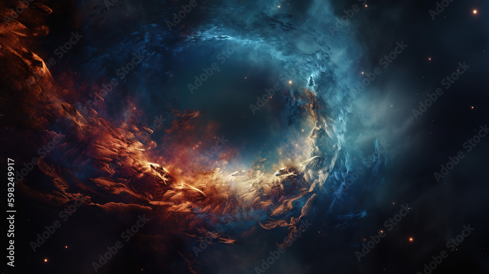 Fantasy landscape with glowing stars, nebulae, colorful massive clouds, black hole Digital artwork graphic, astrology magic - Generative AI