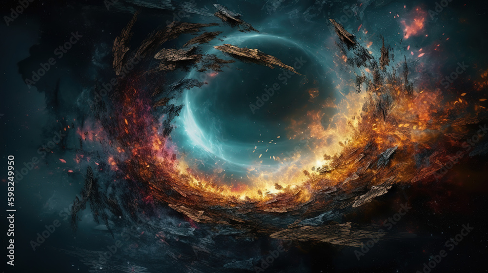 Obraz premium Fantasy landscape with glowing stars, nebulae, colorful massive clouds, black hole Digital artwork graphic, astrology magic - Generative AI