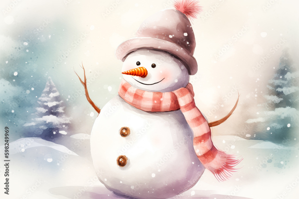 Merry Christmas and Happy New Year greeting card with snowman. Generative AI. Merry Christmas and Happy New Year greeting card with snowman. Generative AI.