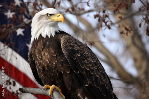 A bald eagle perched on a tree branch with an American flag in the backgroun