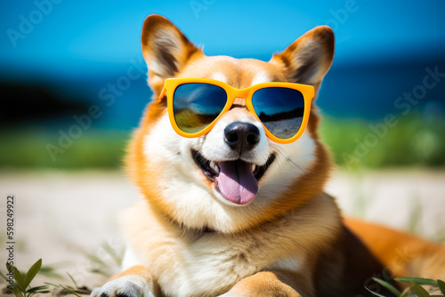 Corgi dog with sunglasses sunbathing on beach. Summer and vacation concepts. Generative AI. © julijadmi