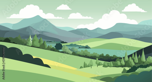 A rural landscape background of rolling hills and mountains. Fields, farm land and trees.