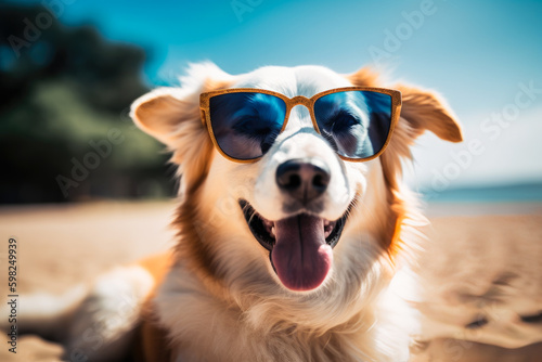 Dog with sunglasses sunbathing on beach. Summer and vacation concepts. Generative AI. © julijadmi