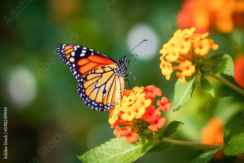 Beautiful image in nature of butterfly on yellow lantana flower against blurred background. Generative AI. © julijadmi