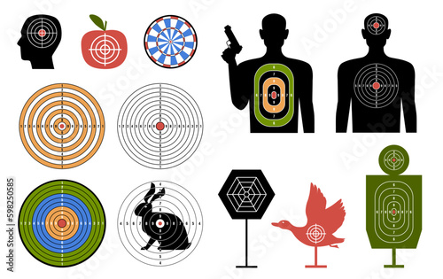Shooting targets. Different shapes for targeted shooting in dash, birds, animals and humans silhouette, marking distance and points, pistol shoot or darts practice template nowaday vector set